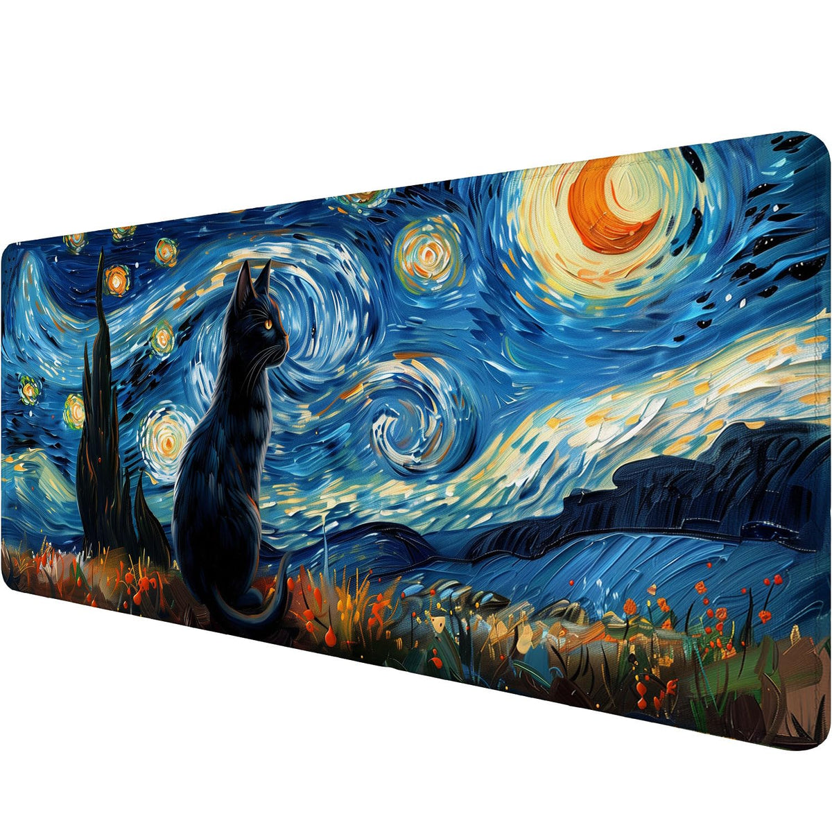 Starry Sky Black Cat Gaming Mouse Pad Starry Night Cute Cartoon Extended Gaming Mouse Pad Mat with