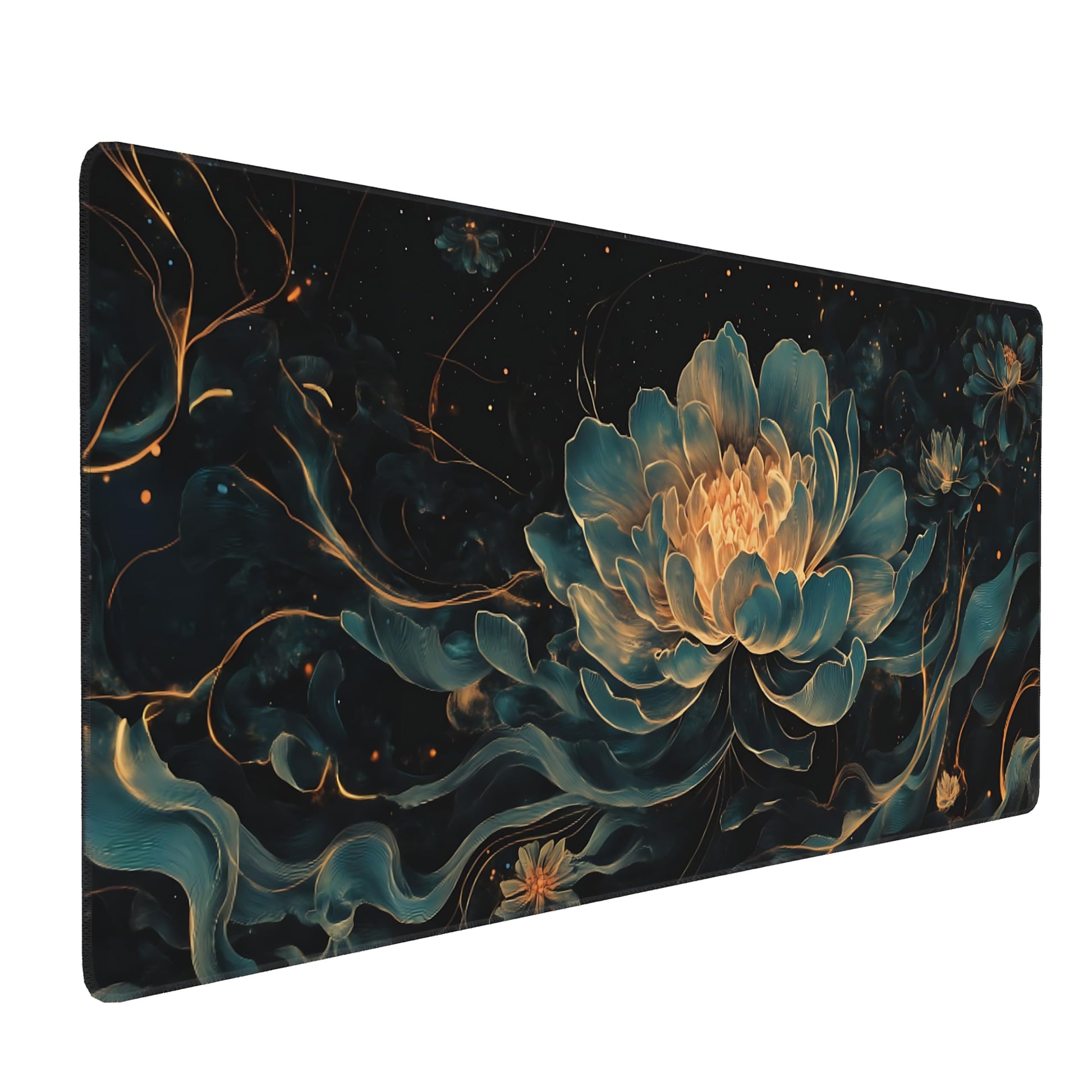 Floral Aesthetic Lotus Gaming Mouse Pad, Black Gold Chinoiserie Desk Mat with Anti-Slip Base &