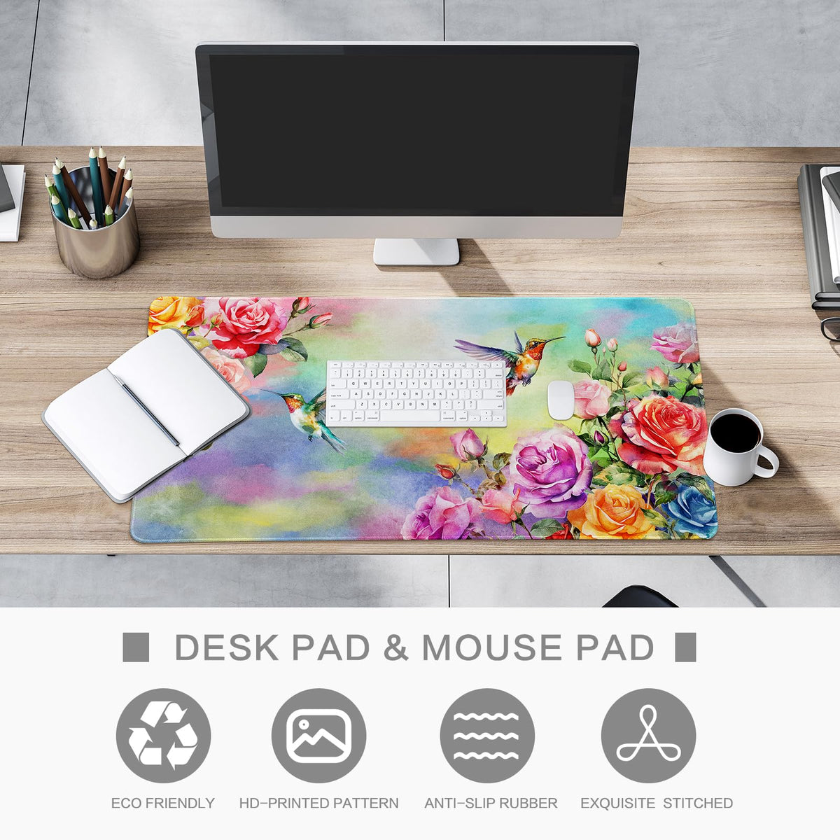 Colorful Large Mouse Pad, Pink Floral Desk Mat for Desktop, Women Girls Waterproof Gaming Mousepad