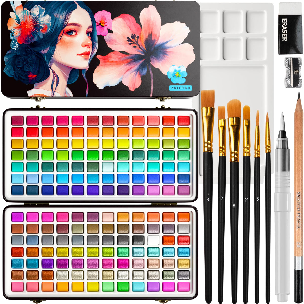ARTISTRO Deluxe Watercolor Paint Set with Palette & Brush Pens - 168 Colors