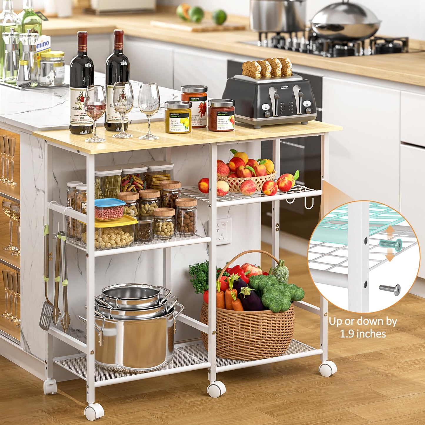 ThreeHio Kitchen Island cart with Storage, Mobile Kitchen Cart with 4 Hooks and Adjustable Shelf on