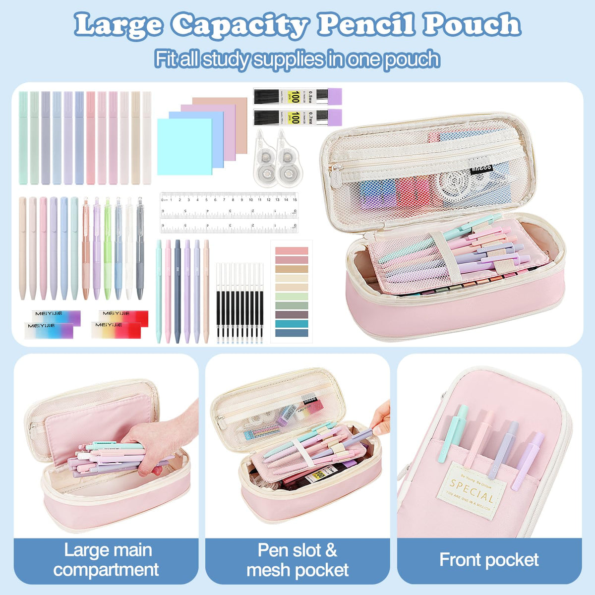 MoKo Pencil Case with Supplies, 56Pcs Aesthetic School Set, Pink