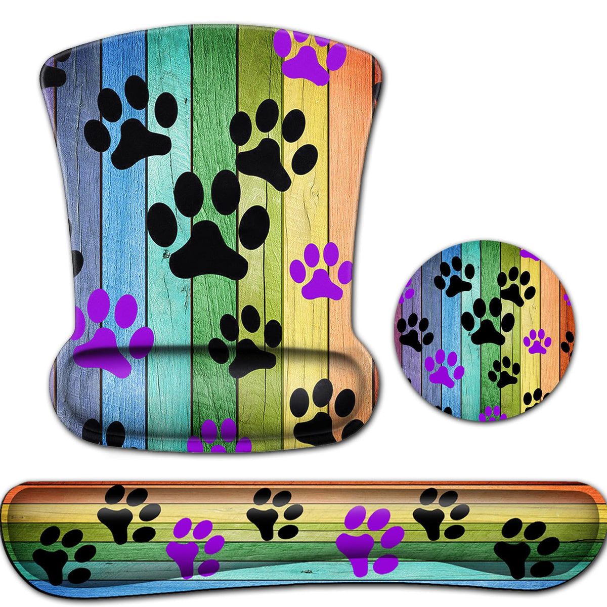 Mouse Pad with Wrist Support Memory Foam Keyboard Wrist Rest Rustic Rainbow Woodgrain Black and