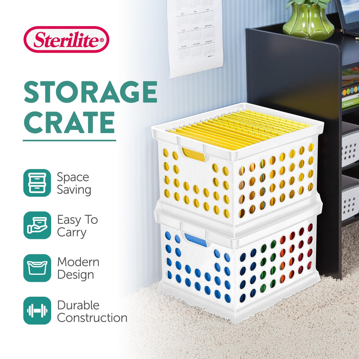 Sterilite Storage Crate Bin File Organizer for Home & Office, White, 6-Pack