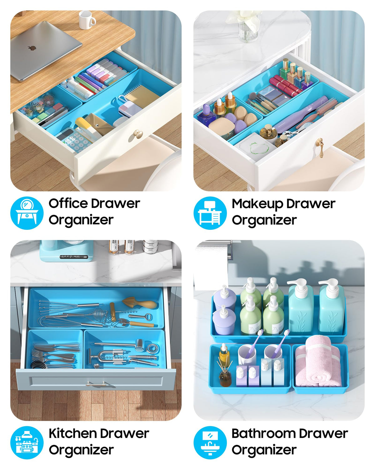 MLIKLU 10 Pack Large Size Plastic Drawer Organizers Set, 3 Sizes Desk Drawer Organizer Trays