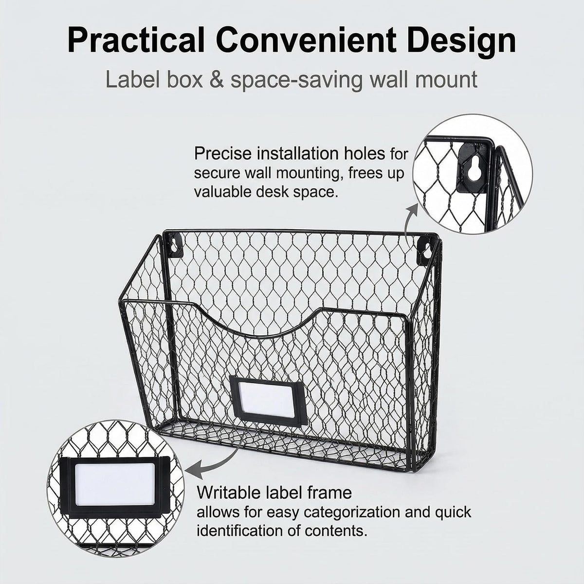PAG-Mass 3 Pockets Hanging File Holder Wall Mount Mail Organizer Metal Chicken Wire Magazine Rack