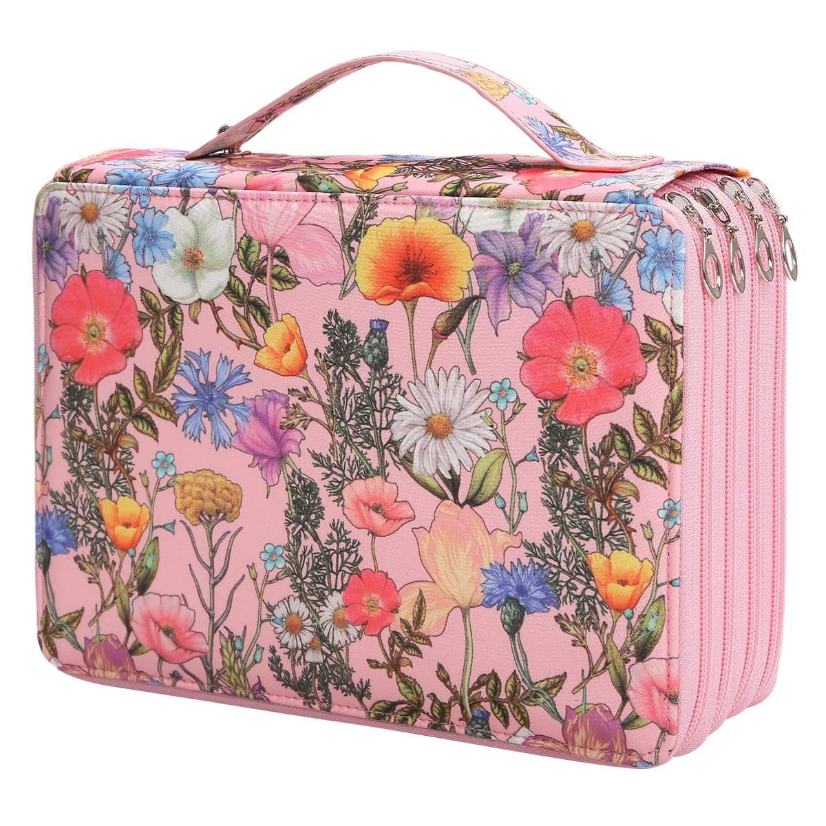 Vomgomfom 200 Slots Pencil Case 4-Layer PU Leather, Handle, Pink Flower