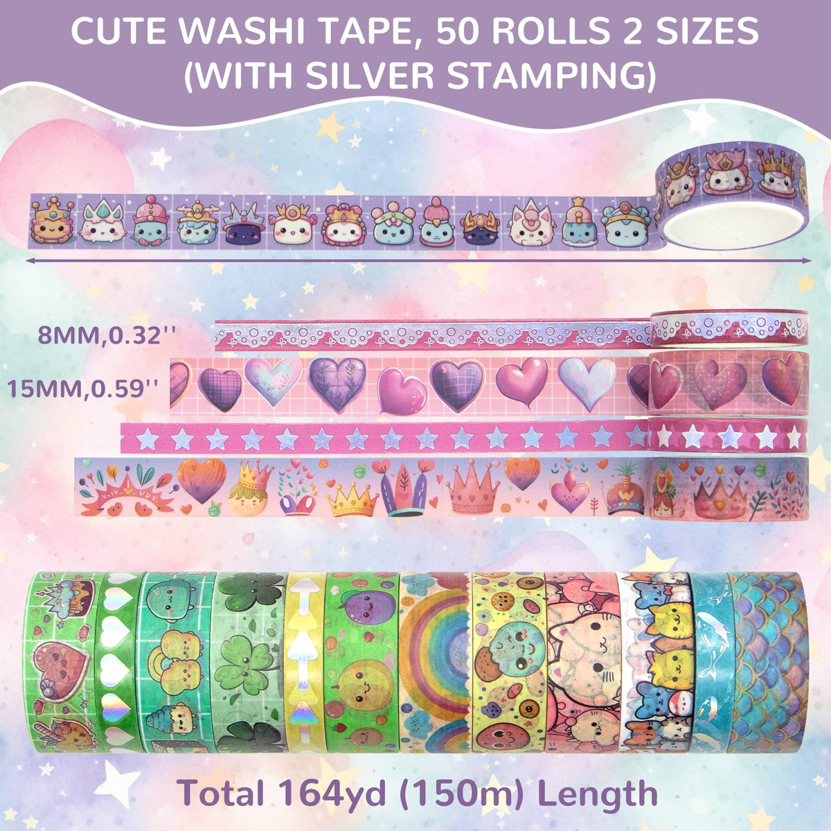 WAPETASHI 50 Rolls Washi Tape Set, Silver Cute Washi Tape for Scrapbooking, Bullet Journal