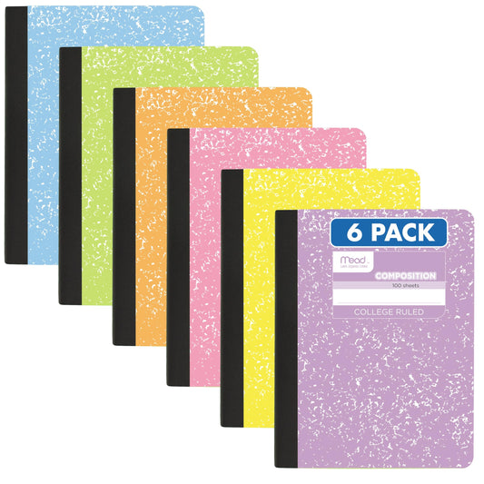 Mead Composition Notebook, College Ruled 7.5" x 9.75" Paper, 100 Sheets, Assorted Pastel Colors, 6