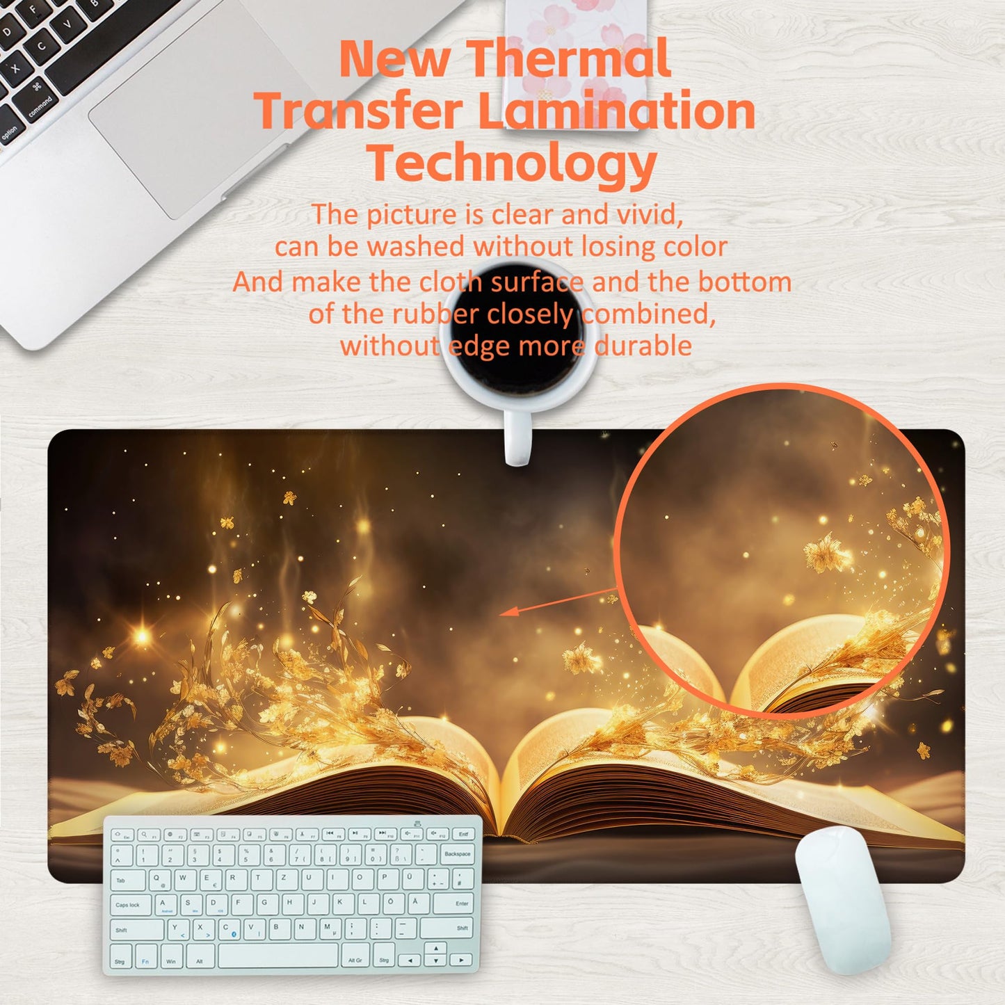 KOAIWPAE Desk Pad, Golden Magic Book Desk Mat, Fantasy Books Large Gaming Mouse Pad, 31.5"x15.7"