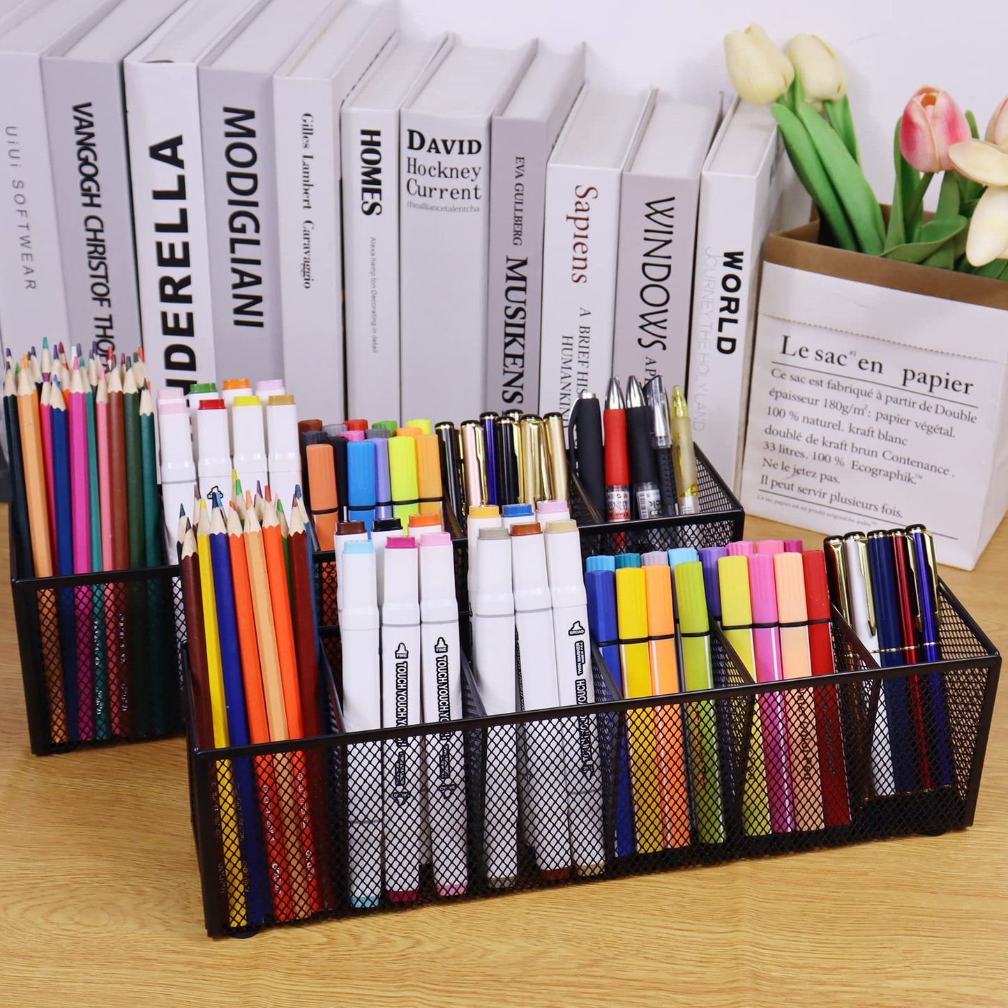Flytreal Black Mesh Pen Pencil Holder, Small Metal Desk Organizer Desktop Stationery Office