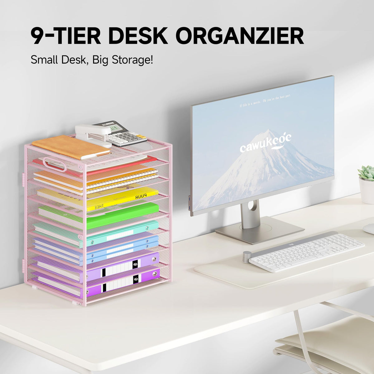 Cawukege 9 Tier Paper Organizer with Handle, Pink Large Capacity Desk Organizer Mesh File Folder
