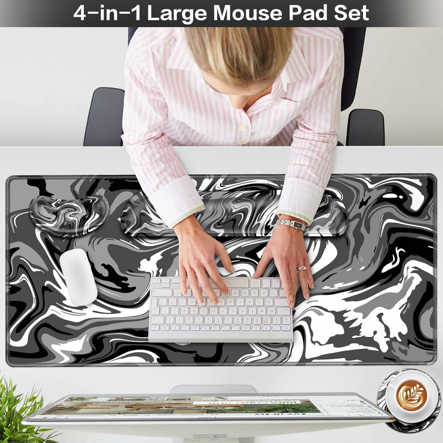 4 in1 Desk Mat Black, Large Gaming Mouse Pad with Wrist Rest,