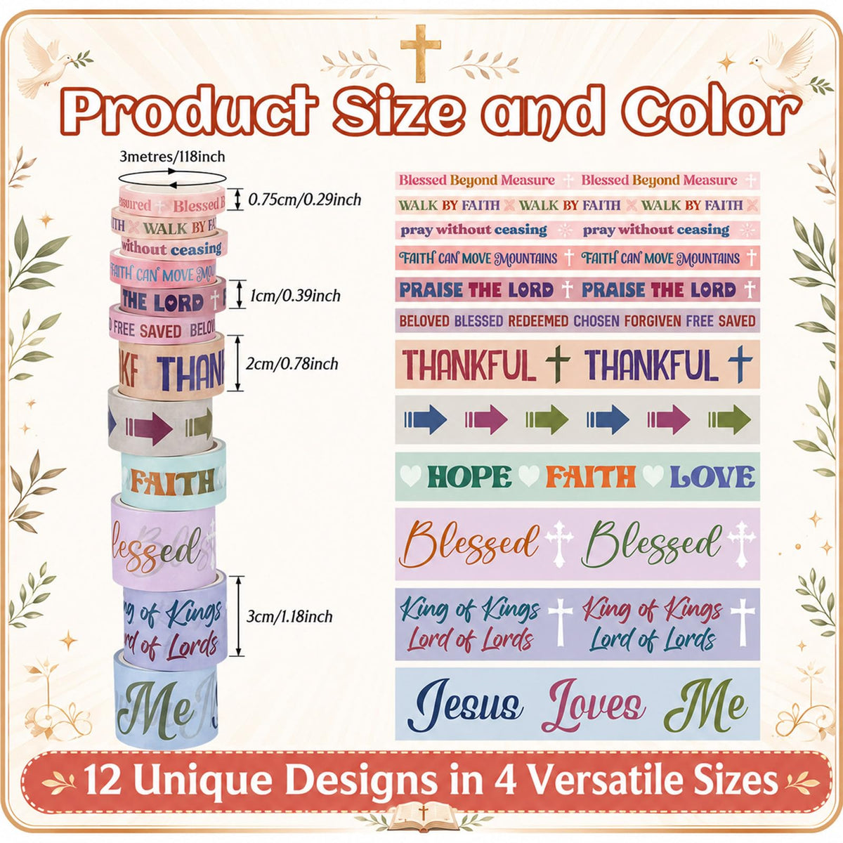 Janlaugh 24 Rolls Christian Washi Tape Gifts, Pastel Religious, Multi-Size
