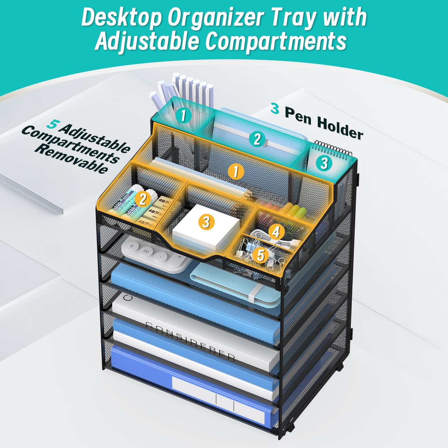 OrgMate 6 Tier Mesh Paper Desk Organizer with Pen Holders, Black