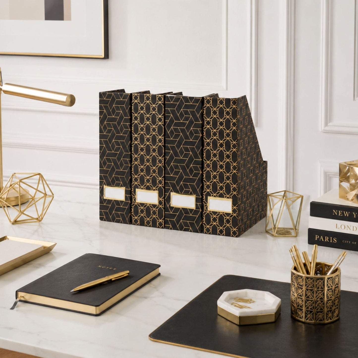 BLU MONACO | Set of 4 Black & Gold Geometric Magazine File Holders with Gold Label Holders |