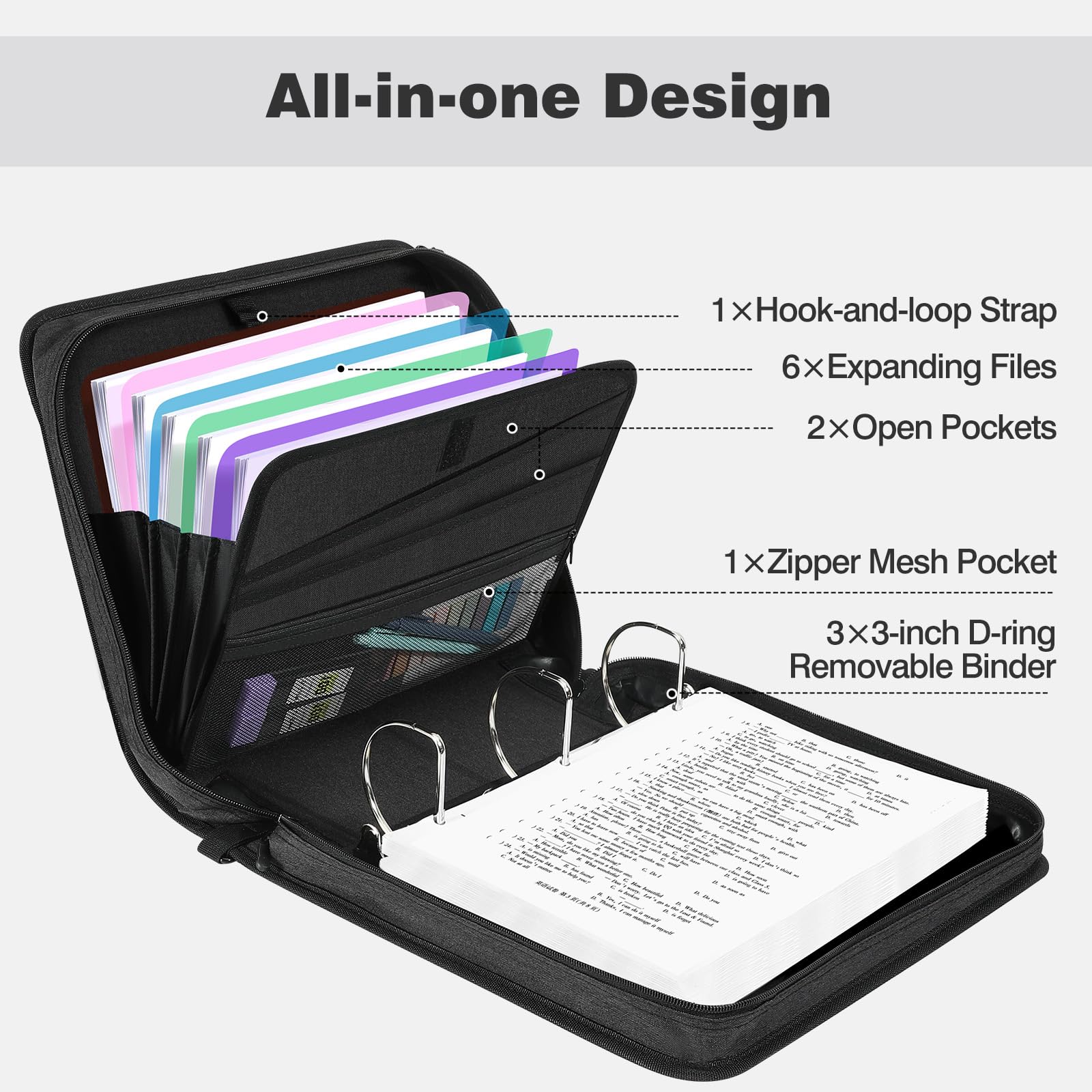 MoKo Zipper Binder, 3-Inch 3-Ring, 600 Sheets, 6-Tab File Folders, Black