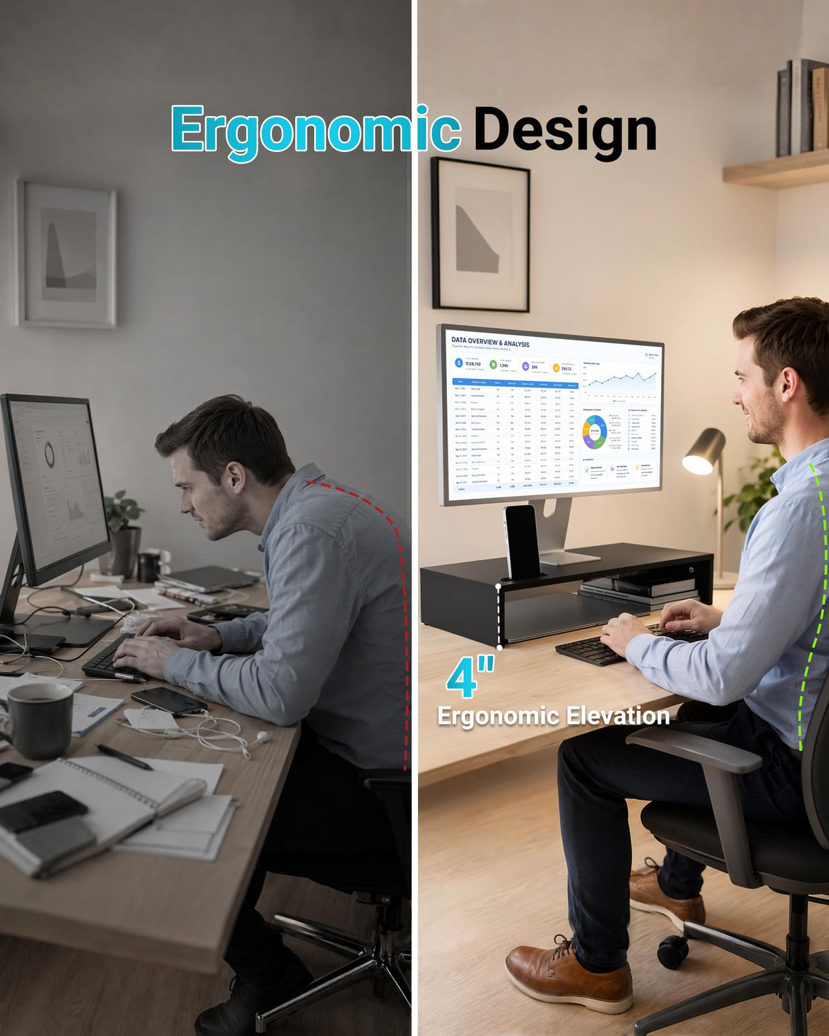 1home Ergonomic Monitor Stand Riser, 21.3 Inch Wood Desktop Stand with Cellphone Holder and Cable