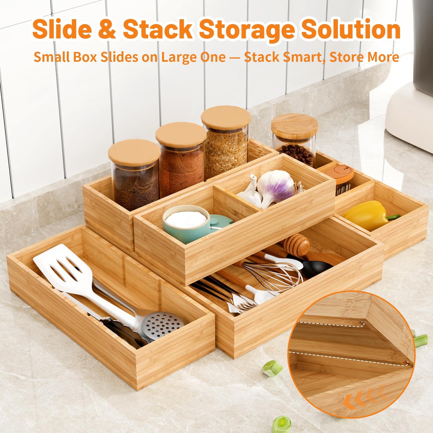 Bamboo Drawer Organizer, 10-Piece Stackable Trays with Removable Dividers