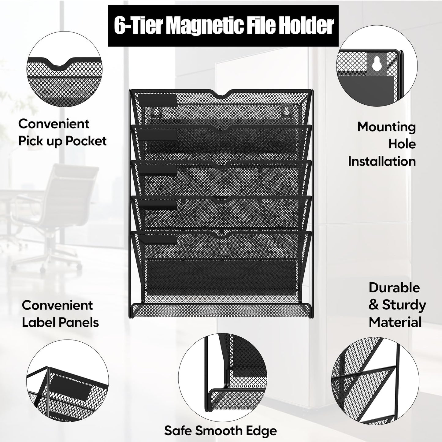 LQPAFZ 6-Tier Magnetic File Holder, No Drilling Installation File Cabinet Organizer,Black Magnetic