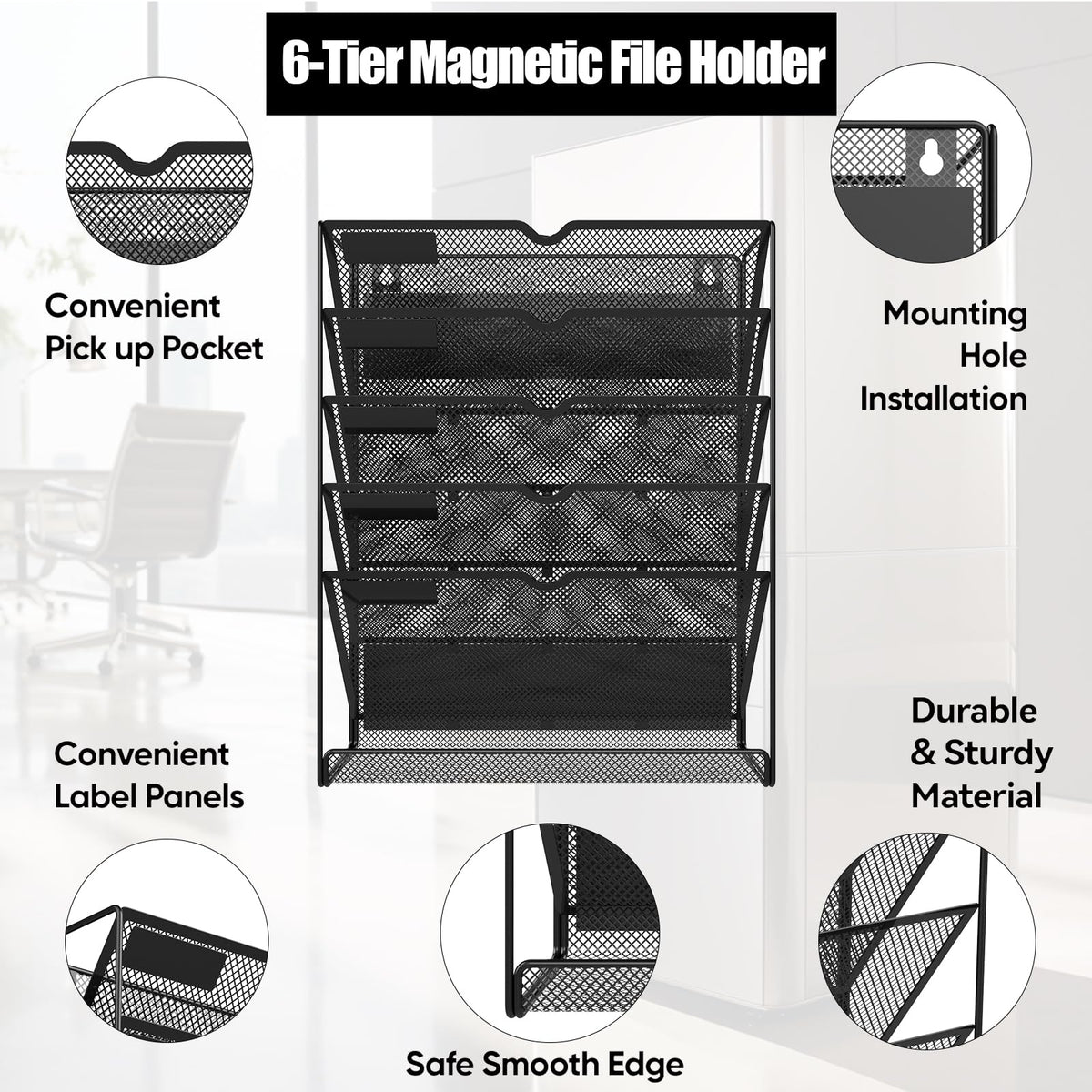 LQPAFZ 6-Tier Magnetic File Holder, No Drilling Installation File Cabinet Organizer,Black Magnetic