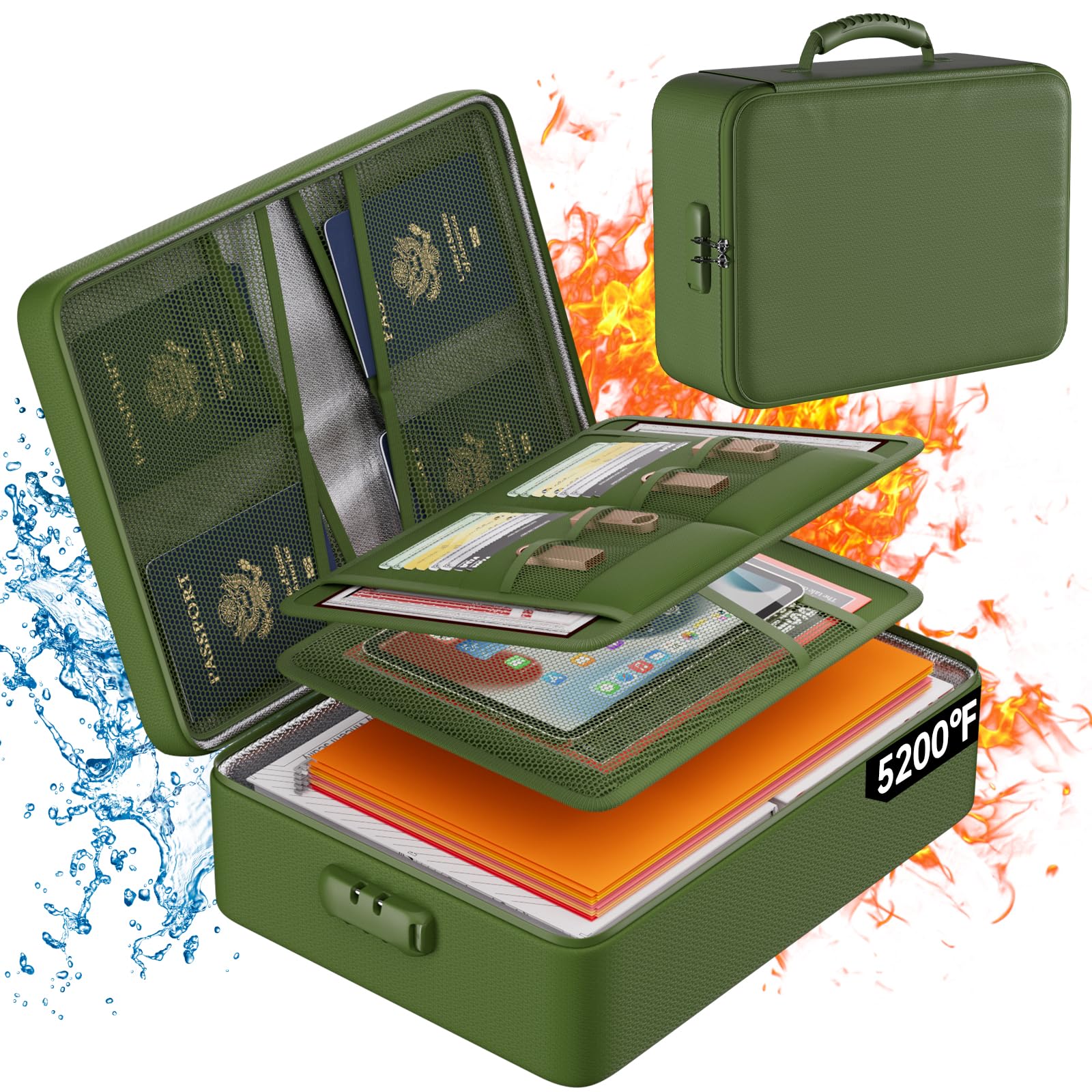 DocSafe 5200°F Fireproof Document Organizer Box with Lock, Green (Soft)