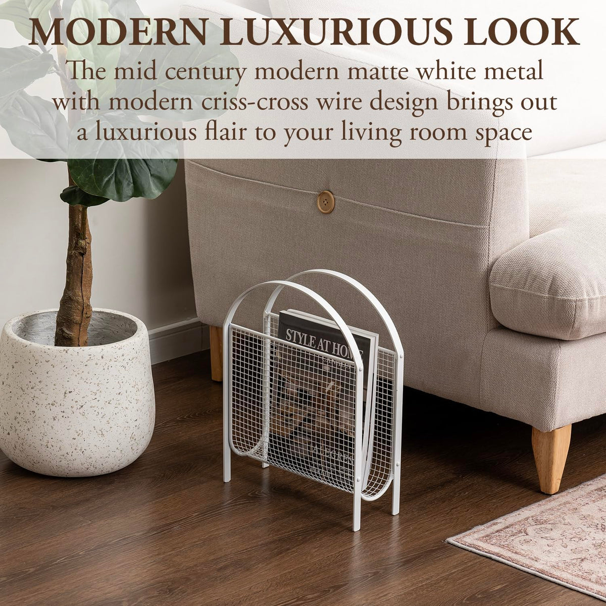 MyGift White Metal Mesh Magazine Rack, Mid Century Freestanding Holder