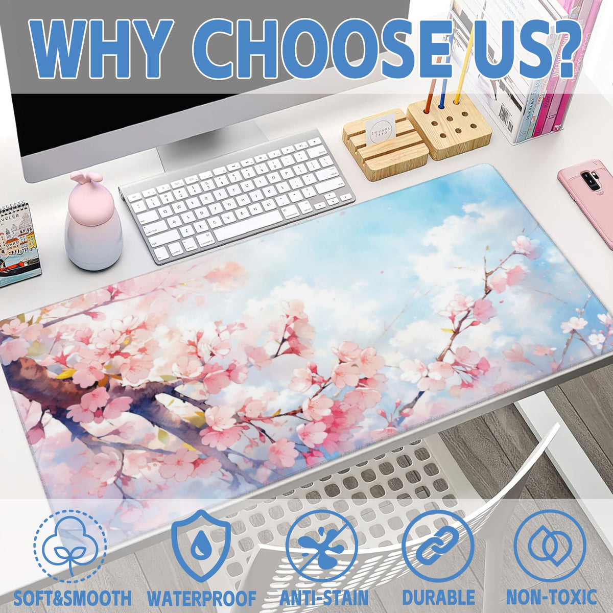Large Gaming Mouse Pad for Desk,Cherry Blossom Tree Desk Mat for Desktop,Watercolor Floral Desk