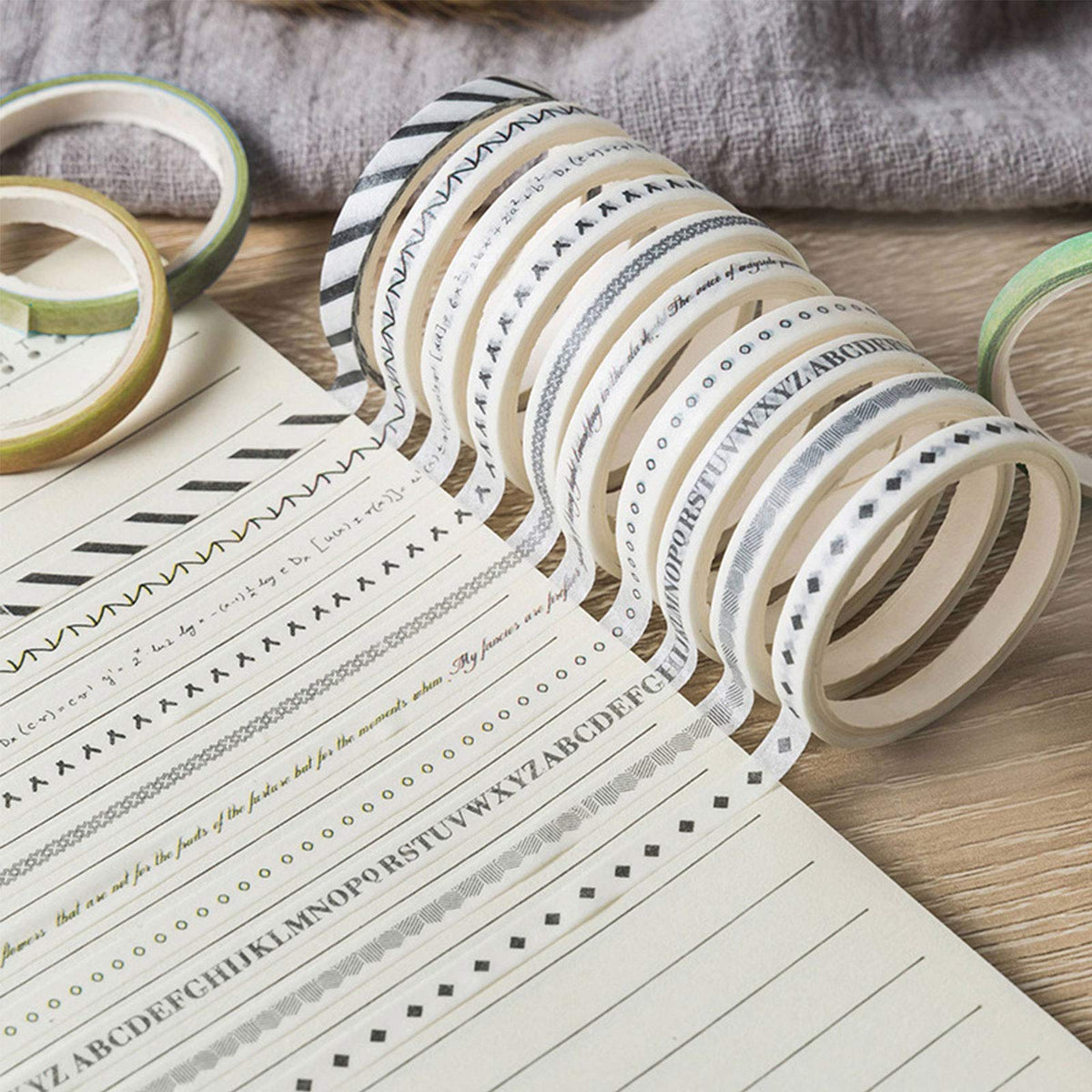 ZMLSED 5mm Wide Slim Washi Tapes Set,10 Rolls Minimalist Black White Style Japanese Masking