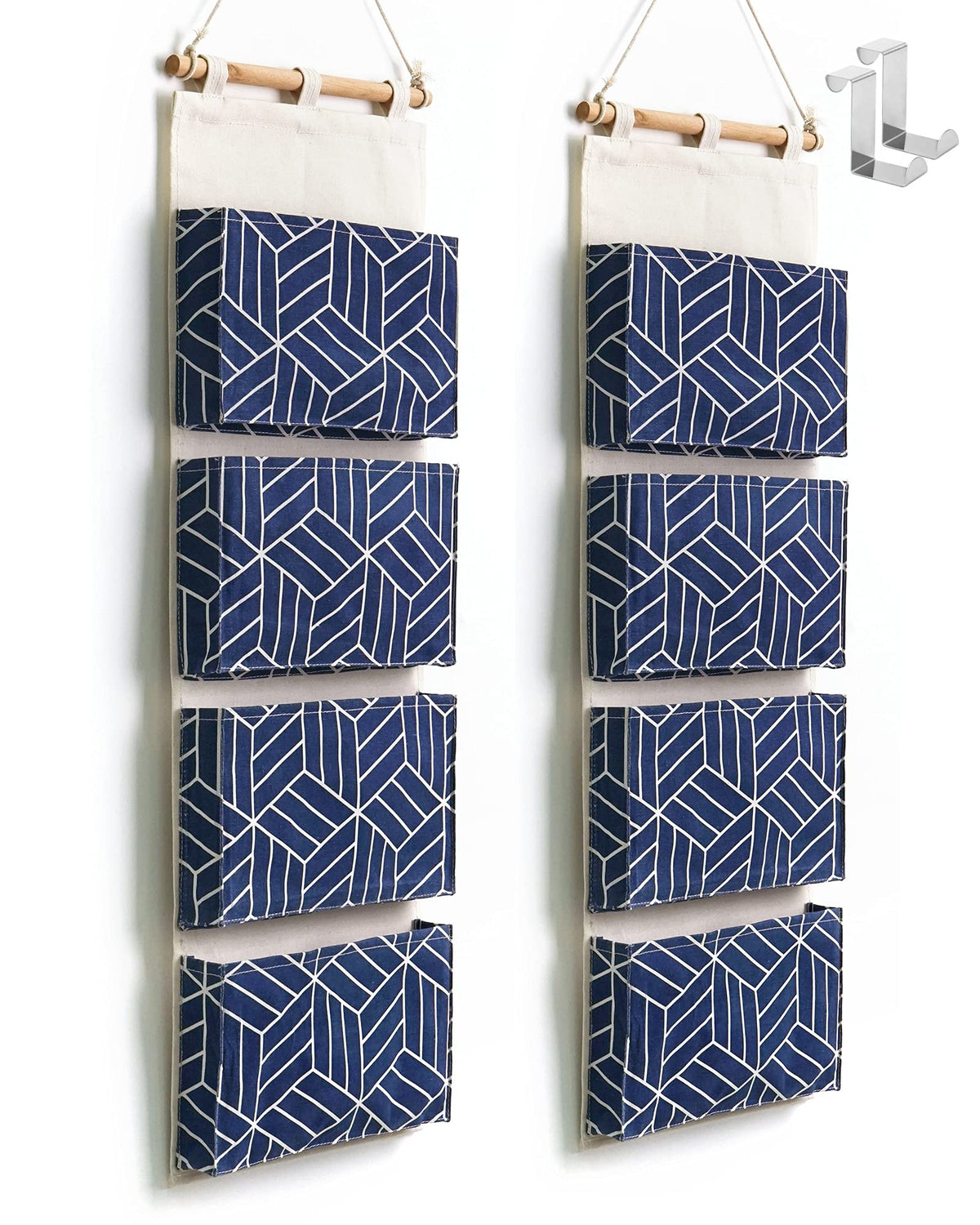CROWNED 2Pcs Over Door Hanging Storage Bags Wall Mount Closet Organizer, 4 Big Pockets Linen Cotton