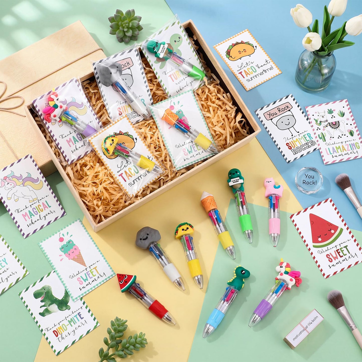 Sayglossy 24 Sets 4-in-1 Multicolor Pens Bulk with Positive Animal Cards