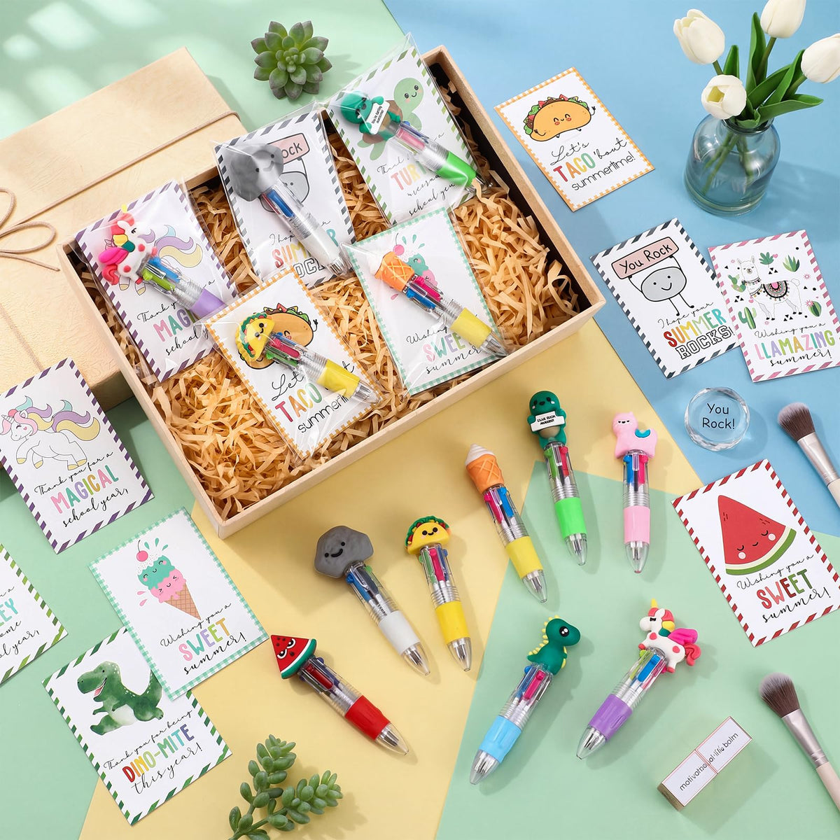 Sayglossy 24 Sets 4-in-1 Multicolor Pens Bulk with Positive Animal Cards
