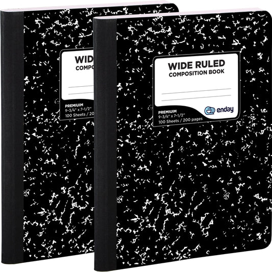 Emraw Marble Composition Notebook Wide Ruled Paper, 2 Pack, 9-3/4" x 7-1/2", 100 Sheets per