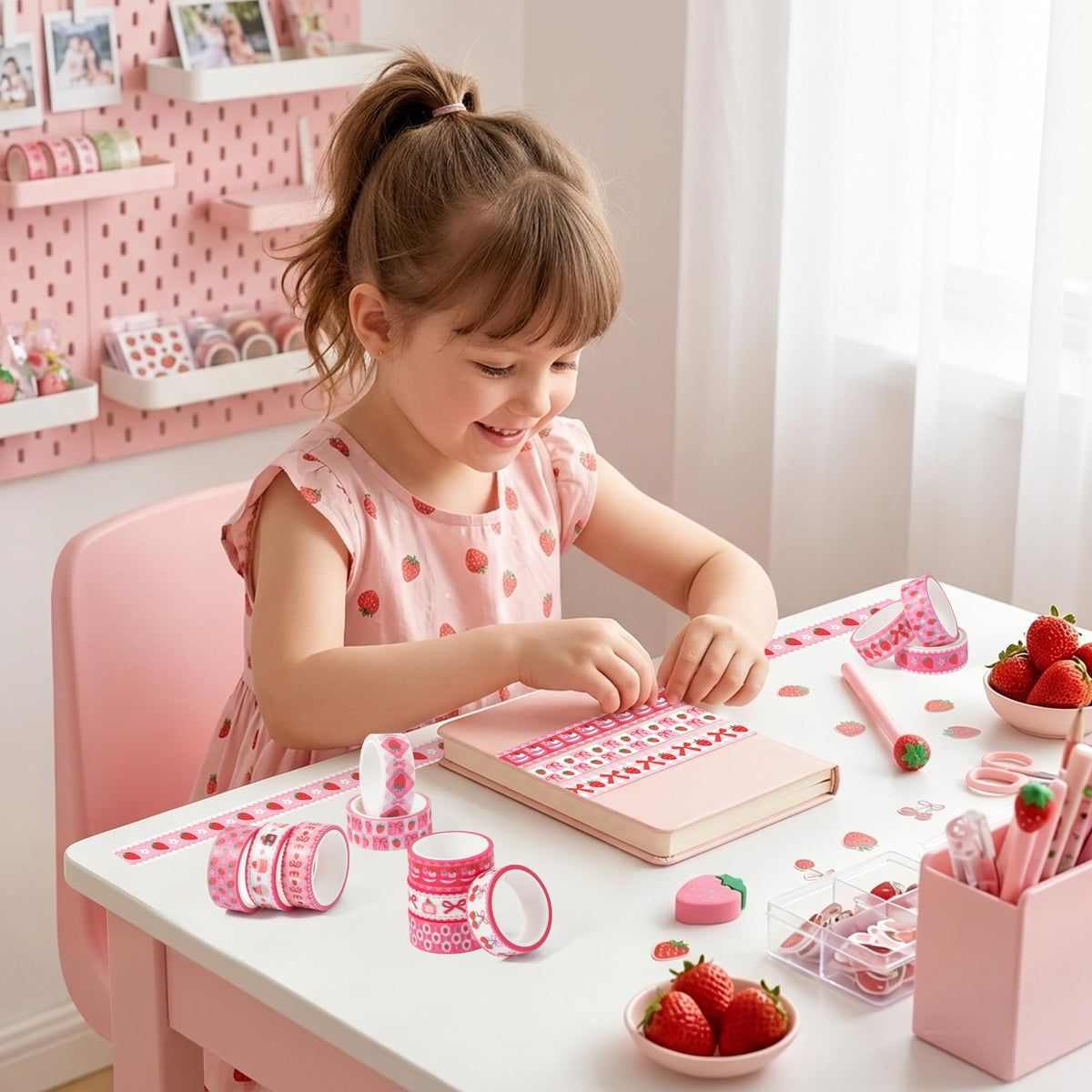 BkeeCten Pink Strawberry Washi Tape - 12 Rolls Waterproof Cute Bow Sweets Desserts Self Adhesive