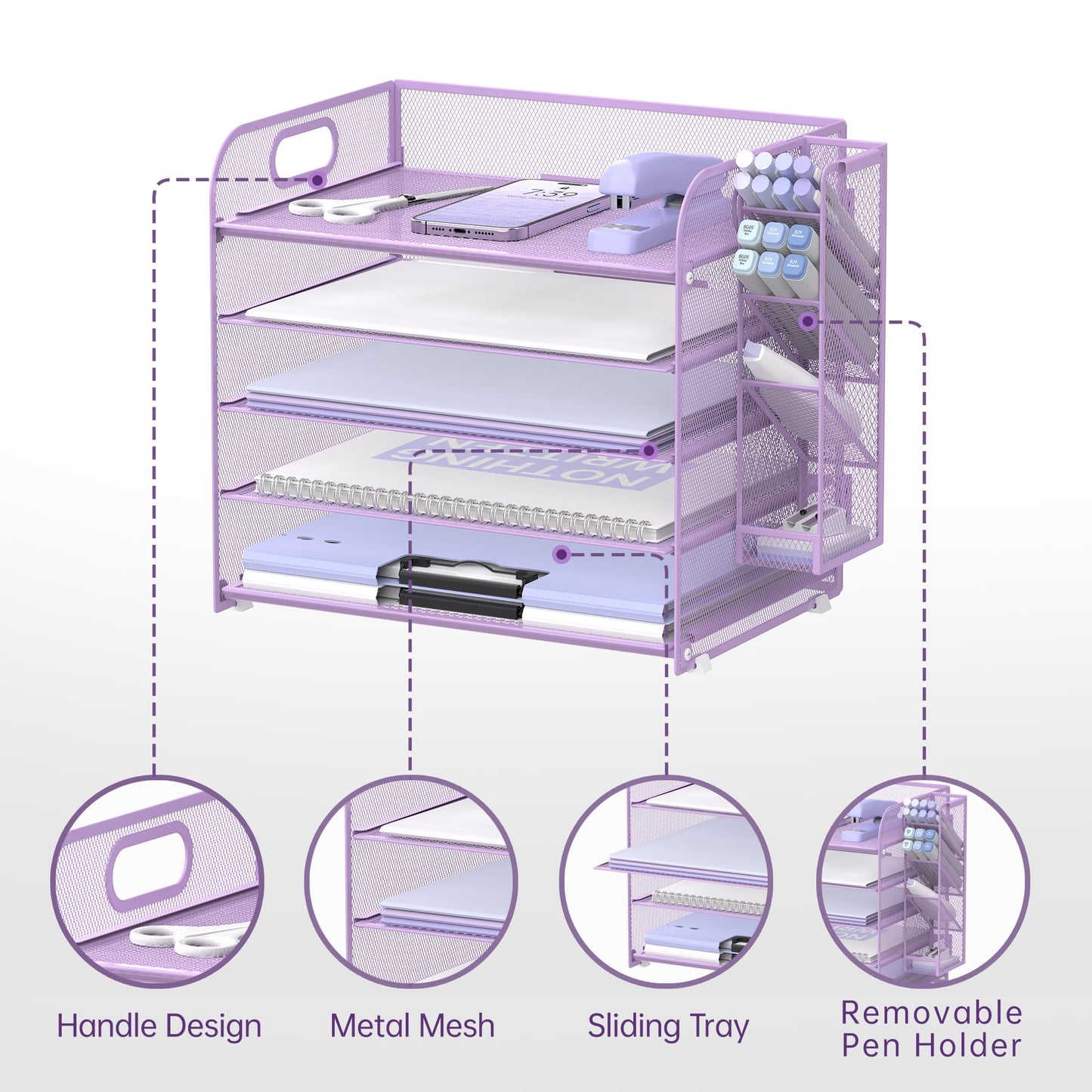 5-Tier Paper Organizer for Desk with Pen Holders, Letter Trays, Purple