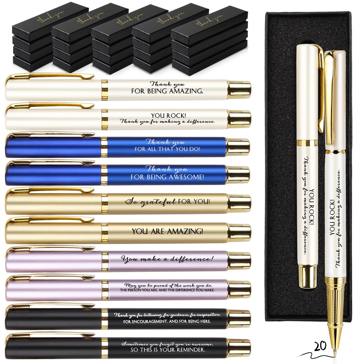 PerKoop 20 Sets Thank You Gifts Bulk Inspirational Ballpoint Pen with Box