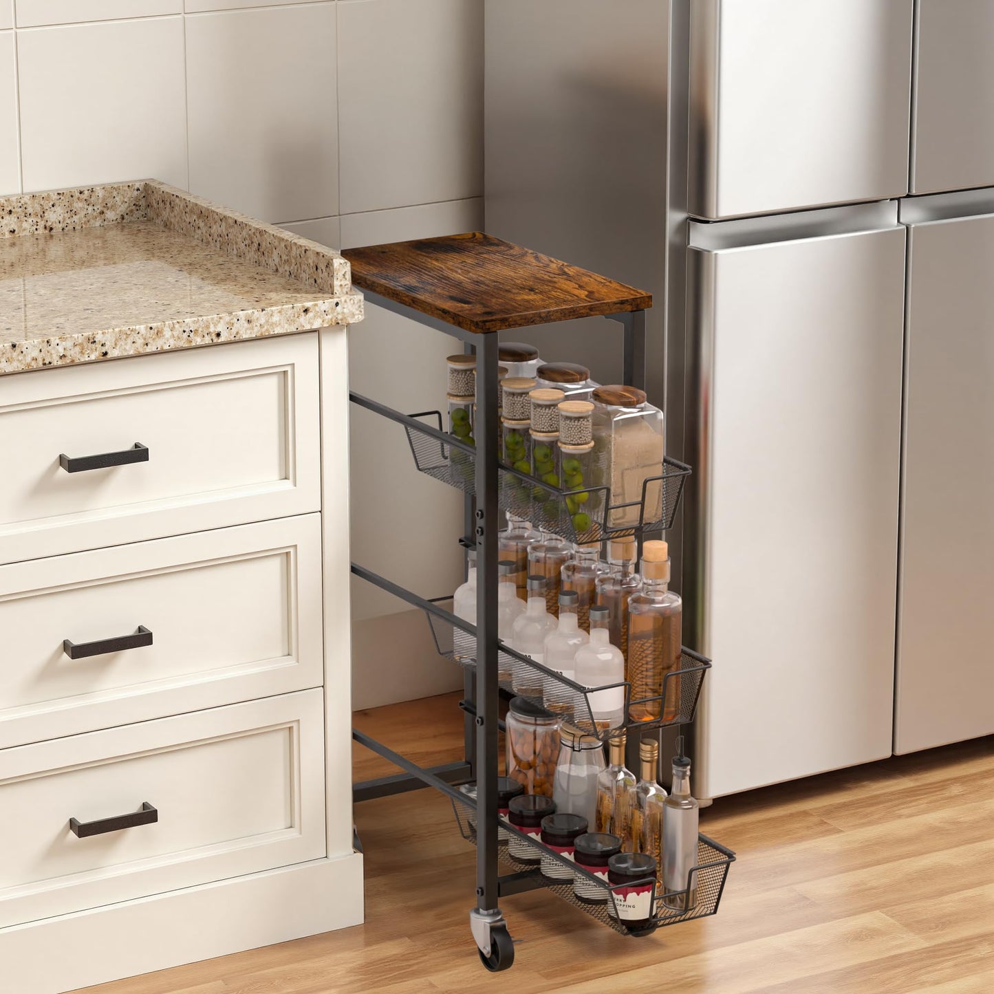Slim Rolling Cart, 4-Tier Storage Cart, 9.1inch Narrow Kitchen Rolling Cart on Wheels for Small