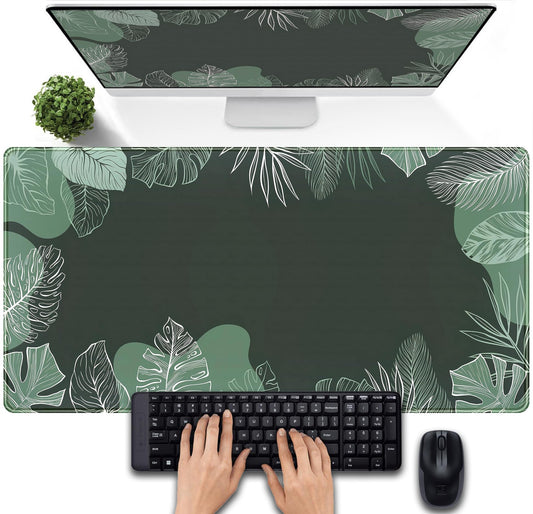 Green Plants Desk Mat Tropical Leaves Mouse Pad Cute, Large Extendded Gaming Deskmat, XXL Laptop