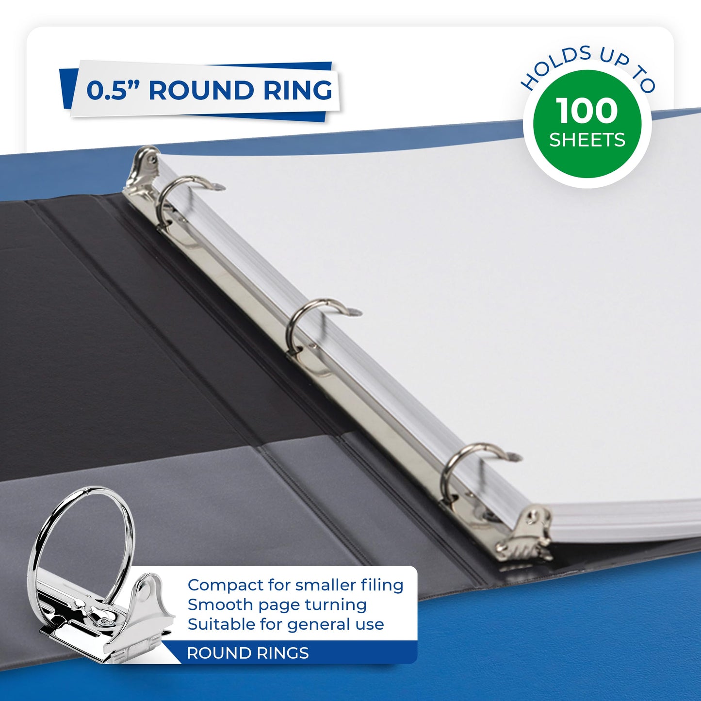Samsill 0.5 Inch 3 Ring Binder, Economy Round Ring, Clear View Cover, 100 Sheet Capacity - for