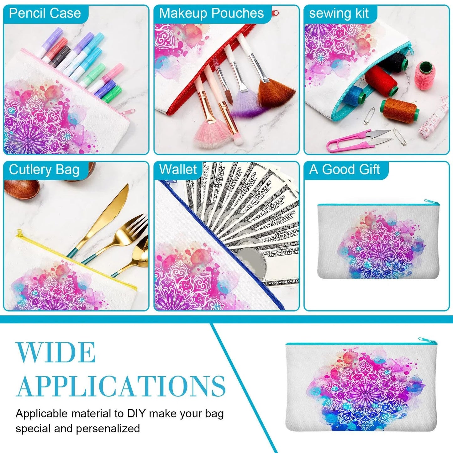 Frienda 50 Pcs Sublimation Blank Canvas Makeup Bags Bulk DIY Heat Transfer Canvas Pen Case Pencil