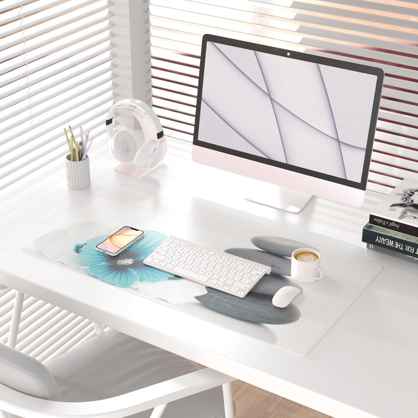 QiyI PU Leather Large Mouse Pad, 31.5" x 15.7", Pebbles Flowers