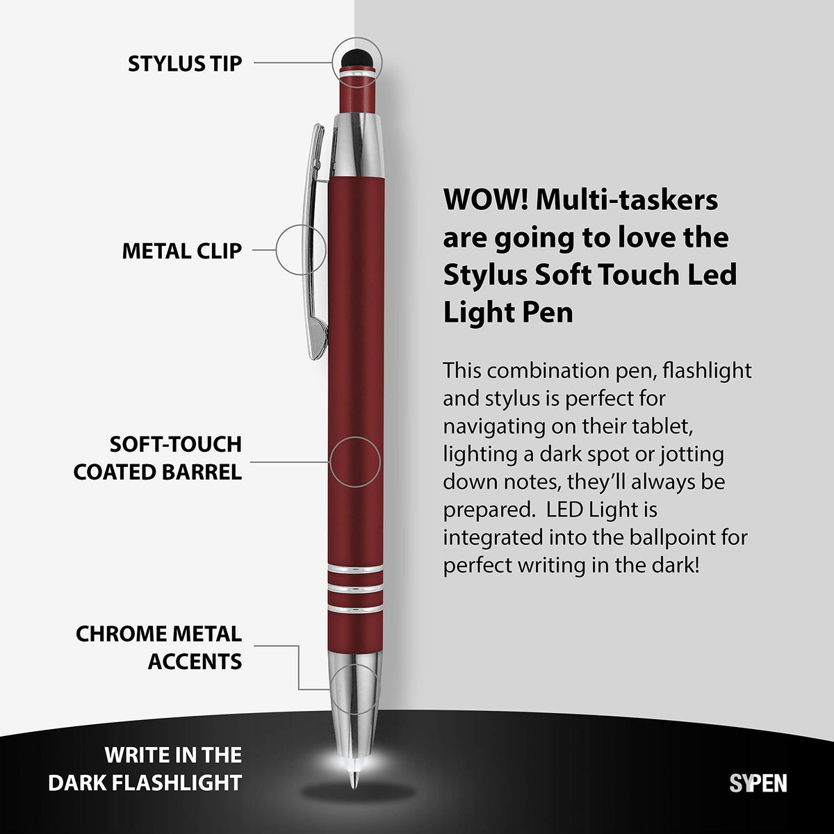 SyPen 3 in 1 Multi-Function Soft Touch Pen with Light for Pilots, Nurses, Doctors Etc .Lighted Tip