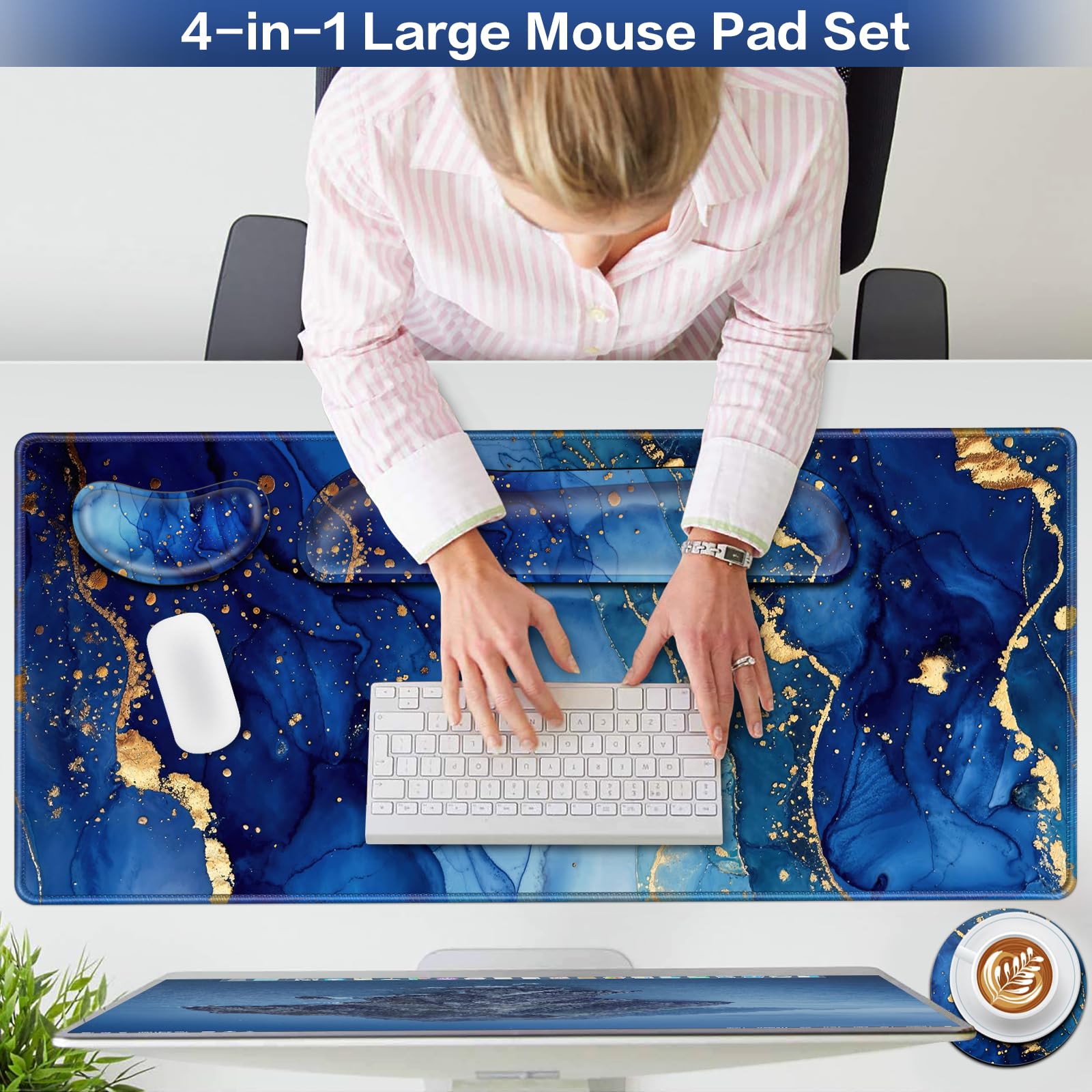 Desk Mat Blue, Large Gaming Mouse Pad with Wrist Rest, 4in1 XXL