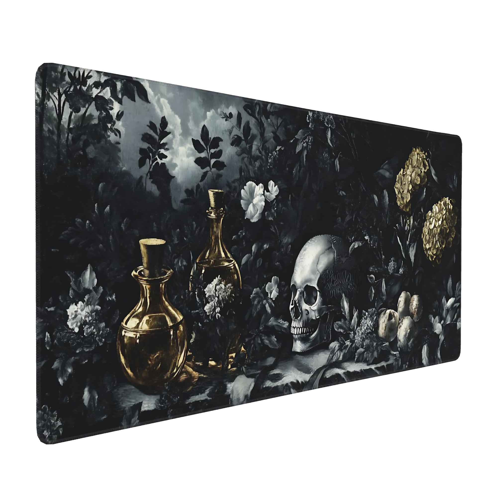 Aesthetic Skull Gaming Mouse Pad, Black Gold Dark Epic Desk Mat with Anti-Slip Base & Stitched