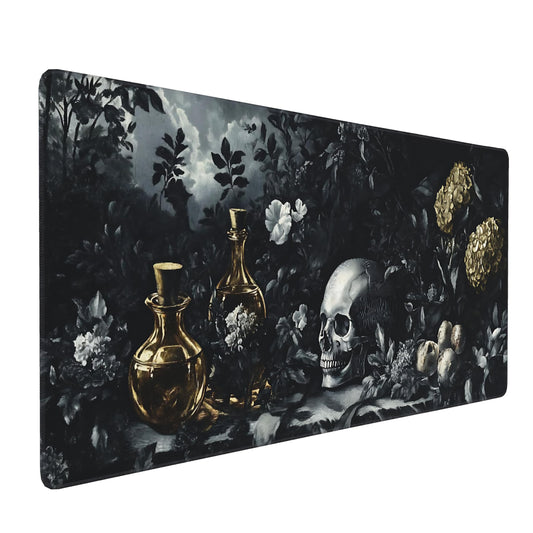 Aesthetic Skull Gaming Mouse Pad, Black Gold Dark Epic Desk Mat with Anti-Slip Base & Stitched