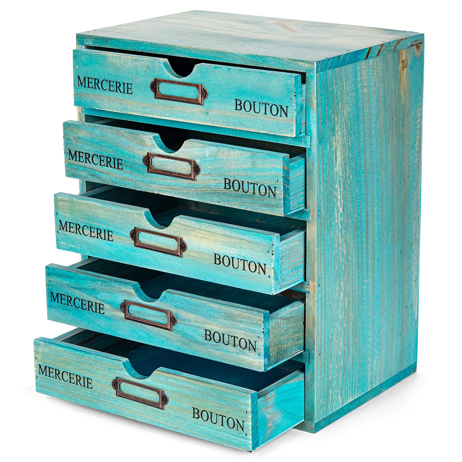 Turquoise 5-Tier Drawer Desktop Curio Cabinet - French Farmhouse Country Desk Organizer Box