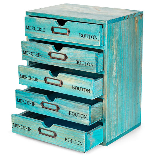 Turquoise 5-Tier Drawer Desktop Curio Cabinet - French Farmhouse Country Desk Organizer Box