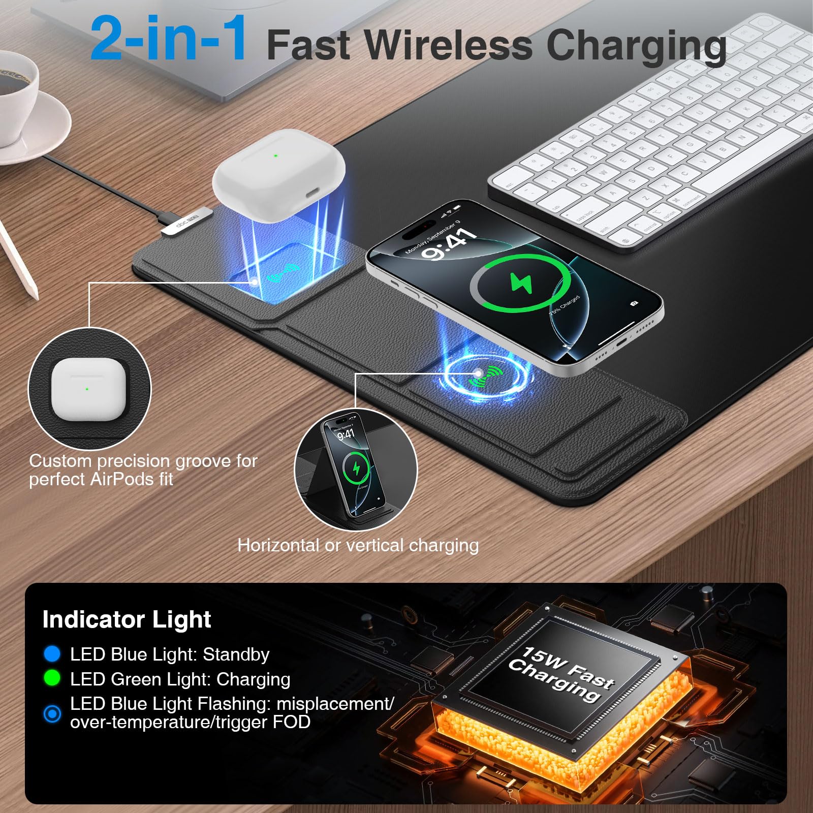 Wireless Charging Mouse Pad with Foldable Phone Holder, 31.5"x15.8", Black