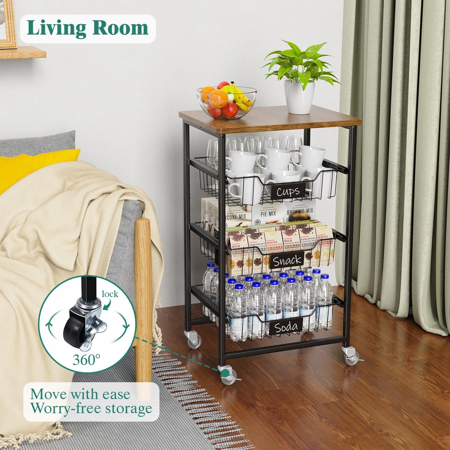 CHLORYARD 4-Tier Vegetable Fruit Basket Kitchen Storage Rolling Cart on Wheels with Pull-Out