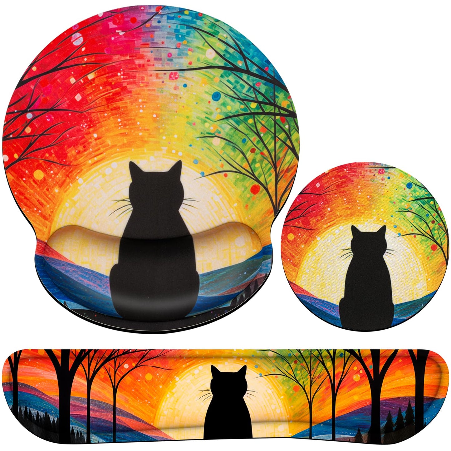 3-in-1 Mouse Pad with Wrist Rest Cute Black Cat Set